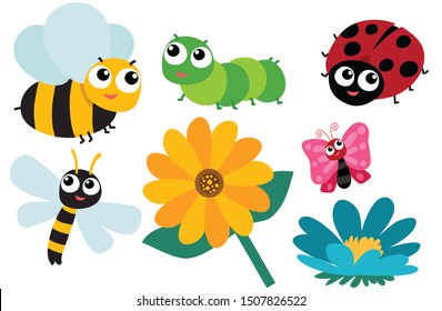 Big colorful doodle set with insects, Beetle, Butterfly, worm and Flowers collection Isolated on white