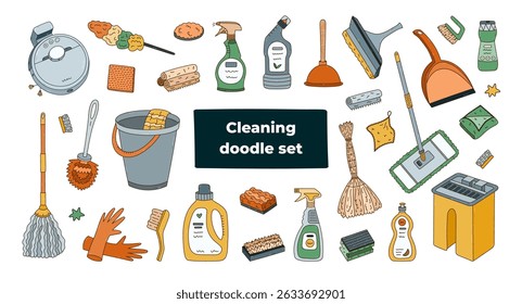 Big colorful doodle set with washing tools, products to cleanup dust, dirt, viruses. Hand drawn bucket, rubber gloves, laundry gel, brushes. Funny housekeeping clipart isolated on white background.