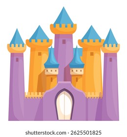 Big colorful fairytale castle with towers and gates standing on white background, flat cartoon illustration