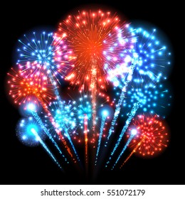 Big colorful fireworks. Blue and red lights. Vector illustration