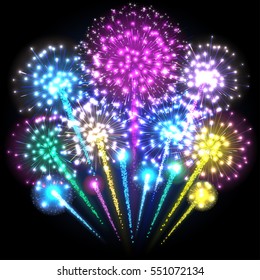 Big colorful fireworks. Multicolored lights. Vector illustration