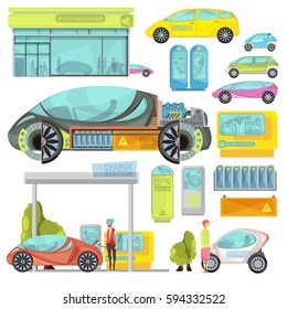 Big colorful flat set of eco electro cars and charge stations isolated on white background vector illustration