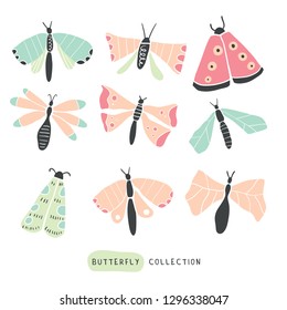 Big colorful hand drawn doodle set with butterflies and moth. Insects collection in handdrawn style. Isolated on white. Stylish scandinavian style illustration perfect for textile - Vector