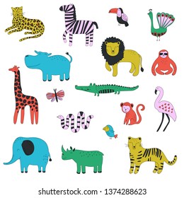 Big colorful handdrawn collection of tropical animals. Simple cute illustration for design t shirts, posters, cards. Vector illustration