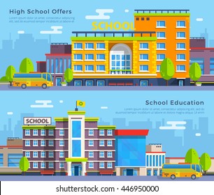 Big colorful school and high school buildings with school buses on cityscape background flat banners isolated vector, illustration