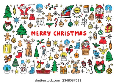 Big colorful set of Christmas elements with lettering. Cute illustration for design, greeting card, decoration, textile. Hand drawn. Vector illustration EPS10 in doodle style. 