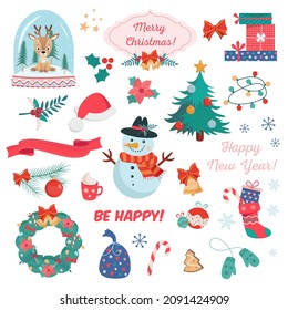 Big Colorful set of different Cristmas and Happy new year decoration, on white Background