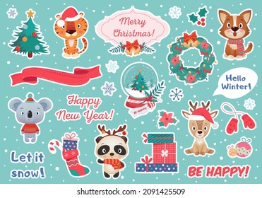 Big Colorful set of different Cristmas and Happy new year decoration, cute amimals stickers on blue Background