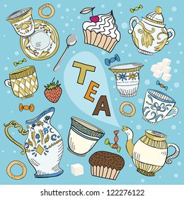 The big colorful set of dishes in the Victorian style for tea drink, some food and bubble with text in vector