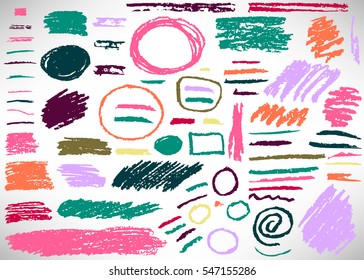 Big colorful set of hand drawn grunge elements, banners, frames, circles, lines, brush strokes isolated on white. Vector illustration.