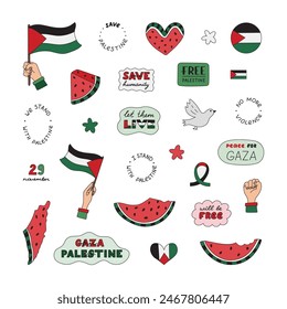 Big colorful set with outline of Save Palestine with lettering and hand drawn scribble. Watermelon slice, Gaza flag, fist, peace dove, heart. Doodle for Free Gaza poster, banner, flyer, t shirt.