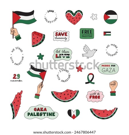 Big colorful set with outline of Save Palestine with lettering and hand drawn scribble. Watermelon slice, Gaza flag, fist, peace dove, heart. Doodle for Free Gaza poster, banner, flyer, t shirt.