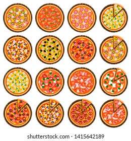 Big colorful set for whole round hot pizza, slice triangle to pizzeria menu. Pizza on wood board, ingredients various size for pizzeria to chalkboard. Tasty Italian pizza from pizzeria different types