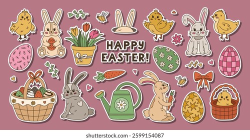 Big colorful spring and Happy Easter sticker set for planners, notebook. Ready for print list of lovely stickers with doodle of different bunny, cute chick, ornate eggs, tulips. Religious carnival.