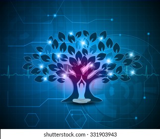 Big colorful tree and woman in yoga pose at the front, abstract blue technology background