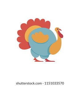 Big colorful turkey in flat style isolated on white background - male domestic bird with bright tail and wattle for farm or thanksgiving day design in vector illustration.