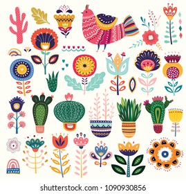 Big colorful vector collection with flowers, cacti, bird and ethnic design elements