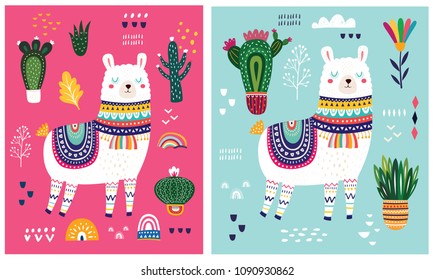 Big colorful vector illustration with llama, flowers and ethnic design elements