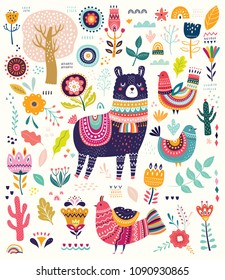 Big colorful vector set with llama, flowers, birds and ethnic design elements