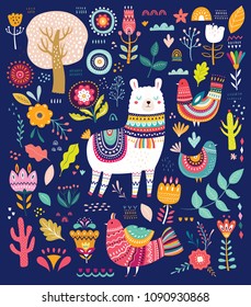 Big colorful vector set with llama, flowers, birds and ethnic design elements