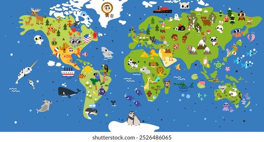 Big colorful world vector kid map with animals, insects, holidays, food, Cartoon background education kid room, wallpaper, printable page.