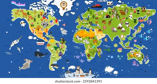 Big colorful world vector kid map with animals, insects, holidays, food, Cartoon background education kid room, wallpaper, printable page.