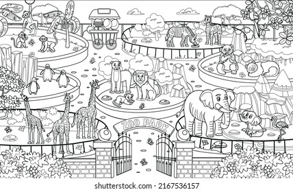 big coloring book with zoo animals. Zoo map with enclosures with animals. Outdoor park entrance with green bushes. Cartoon vector illustration. Pandas, giraffes, elephants, zebras, elephants.