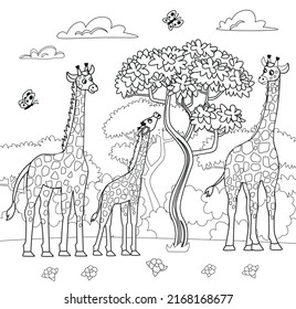 Big coloring book with zoo animals. Set of cute cartoon giraffe. Giraffe eating leaves. Animals of Africa. Vector cartoon illustration.