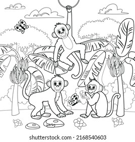 Big coloring book with zoo animals. Set of cute cartoon monkey character. Animals of Africa. Vector cartoon illustration.