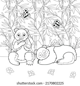 Big coloring book with zoo animals. Set of cute big panda. Panda eating bamboo leaves, panda sleeping. Pandas in a clearing in the thickets of bamboo. Vector cartoon illustration.