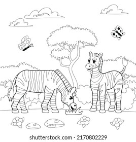 Big coloring book with zoo animals.` Set of cute cartoon zebra character. Zebra eating grass. Animals of Africa. Vector cartoon illustration.