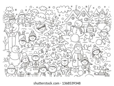 Big coloring Christmas page with Happy children at the rink, snowmen, gifts, new year, tree