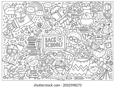 Big Coloring Page Back To School - Vector Print In Doodle Style. Big Coloring Poster Kids Read Books