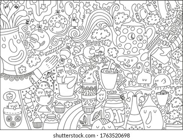 Big coloring page for children and adult with food and drinks. Creative black and white  doodle background. Vector illustration.