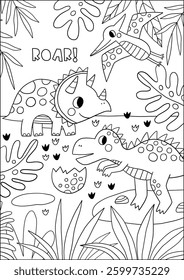 Big coloring page, cute Dinos. Vector activity for kids. Playful Dinosaurs.