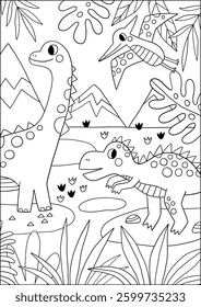 Big coloring page, cute Dinos. Vector activity for kids. Playful Dinosaurs.