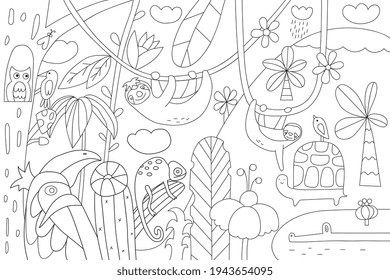 Big coloring page with cute sloths in the tropical leaves.Big coloring poster for kids.