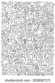 Big coloring page in doodle style. Cute cartoon lifestyle coloring page. Abstract design and Hand drawn elements - unicorn, stars, space, planet, heart, mermaid, clouds, cat, flowers, hand, rainbow