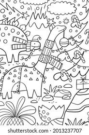 Big coloring poster with Cute Christmas Dinosaurs. Happy New Year coloring page - hdnd drawn dino vector print