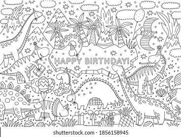 Big Coloring Poster With Cute Dino. Dinosur Birthday Party Coloring Page