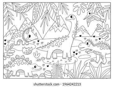 Big Coloring poster with cute dinosaurs. Vector printable coloring page for children in doodle style