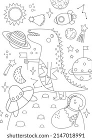 Big Coloring Poster For Kids. Coloring Poster With Dinozaur In Space