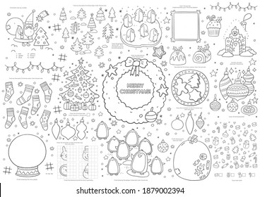 Big Coloring poster - printable Christmas activity worksheets. Printable poster for children Christmas party. Winter vector coloring page