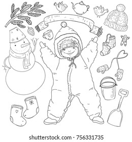 Big coloring winter set with baby, snowman, scarf, mitten, socks, hat, ginger man, birds, cup, 
kettle, christmas toy, fir branch, felt boots, bucket and shovel in cartoon style. Vector illustration.