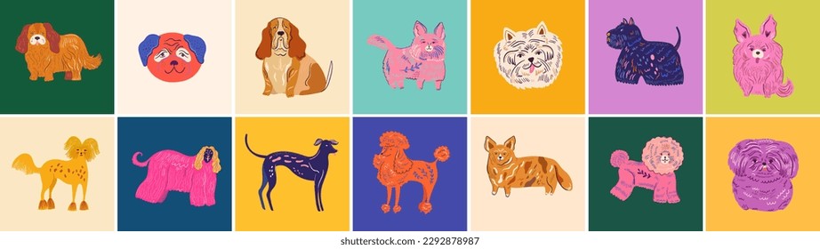 Gran colorida colección de vectores de dibujos animados con perros lindos. Conjunto vectorial de diferentes razas de perros.	