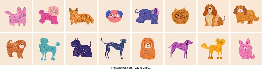 Big colourful cartoon vector collection with cute dogs. Vector set of different dog breeds
