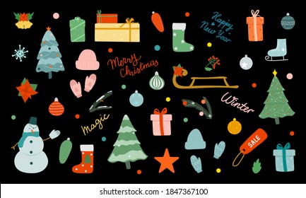 Große bunte Weihnachtsgeschosse mit handgezeichneten Elementen. Weihnachtsschmuck, Urlaubsgeschenke, Wintergestrickskleider, Weihnachtsbäume. Vektorgrafik im Flachstil.