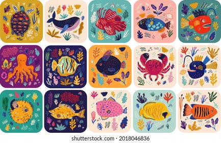 Big colourful collection wit cute funny cards on marine life theme. Underwater world cards for kids design. Vector illustrations with sea turtle, whale, fishes, seaweed