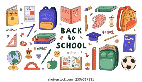 Big colourful doodle back to school set with kids school supplies. Hand drawn collection of schoolbag, textbook, globe, cute stationery, soccer ball. Childish clipart for study, work with outline.