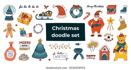 Big colourful doodle and lettering set for Christmas, New Year, wintertime. Hand drawn fir tree, Xmas characters, winter and holiday decorations, lights, present. Childish Noel collection isolated.